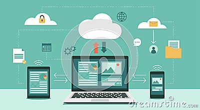 Cloud computing technology network with laptop, tablet, and smartphone Vector Illustration