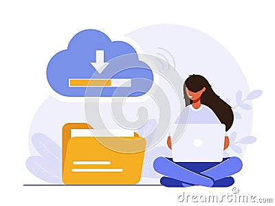 Cloud technology illustration concept. People exchanging files via Internet. Cloud service, online data storage and Vector Illustration