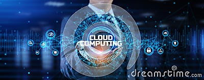 Cloud technology networking processing data storage. Businessman pressing button on screen Stock Photo