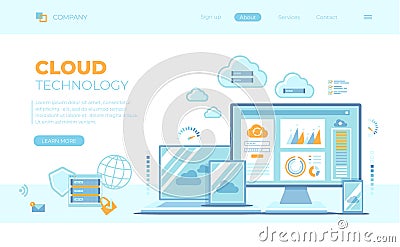 Cloud Technology Services Data Center Connection Hosting Server Database Synchronize Storage Login page and password on monitor Vector Illustration