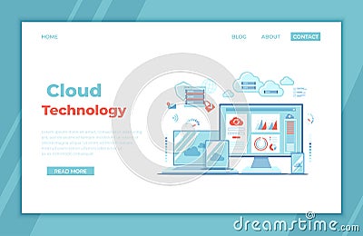 Cloud Technology Services Data Center Connection Hosting Server Database Synchronize Storage Login page and password on monitor sc Vector Illustration