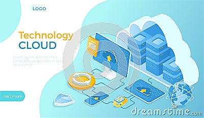 Cloud Technology. Software and services, cloud computing, data storage, online hosting. Server racks in the cloud, computer, table Vector Illustration