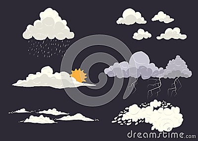 Cloud types vector set on dark background with different nature states. Storm, cloudscape, sun, rain with top Vector Illustration