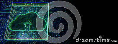 Cloud upload icon with neon circuit board background. 3D Rendering Stock Photo