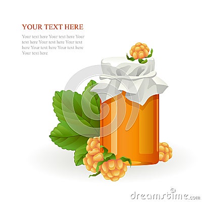 Cloudberry jam jar with fresh berry on white Vector Illustration