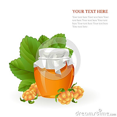 Cloudberry jam jar with fresh berry on white Vector Illustration