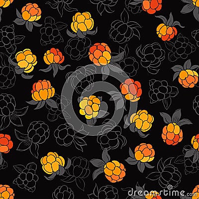 Seamless pattern with cloudberry on a black background. Stock Photo