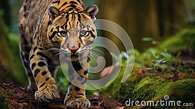Clouded leopard. The clouded leopard, also called mainland clouded leopard, is a wild cat inhabiting dense forests from Stock Photo