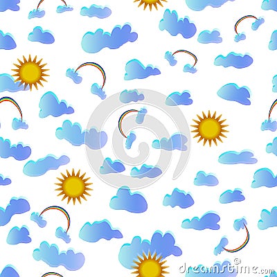 Clouds, rainbow and sun on a white background seamless pattern Stock Photo