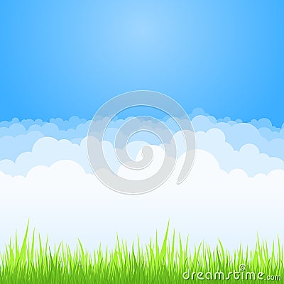 Clouds on blue sky with green grass background. Vector flat air white cloud cartoon on sky horizon Vector Illustration