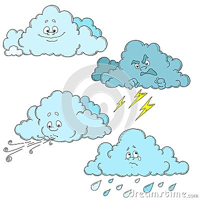 Clouds cartoon characters. Set of clouds. Weather. Stock Photo