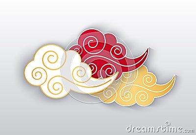 Clouds Colored Chinese Style Line Art Isolated Vector Illustration