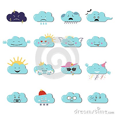 Clouds cute emoji, smily emoticons faces set. Vector flat illustration Vector Illustration