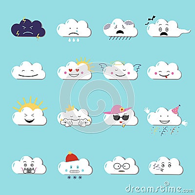Clouds cute emoji, smily emoticons faces set. Vector flat illustration Vector Illustration