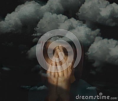 Clouds, dark ones, surround a depressed woman Cartoon Illustration