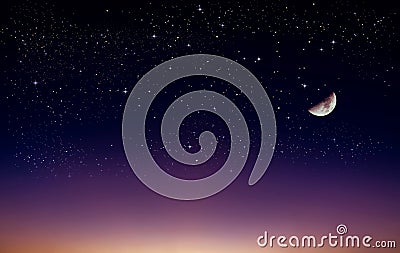 A view at night, with half moon, shining white stars in the sky, twilight from far horizon line Stock Photo