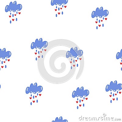 Clouds with drops and hearts seamless pattern. Colorful hearts rain. Cute seamless background for Valentine's day. Vector Vector Illustration