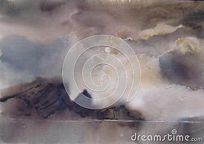 Clouds, fog over the lake, watercolor Stock Photo