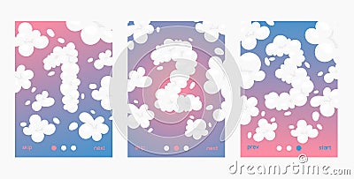 Clouds font numbers set of posters, cards vector illustration. Sky of blue and pink color. Sky with different numbers Vector Illustration