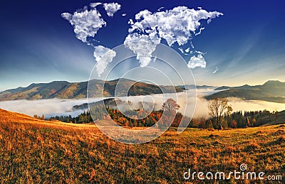 clouds in the form of a map of the world over the mountains. autumn dawn in the Carpathians Stock Photo