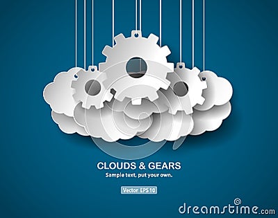 Clouds and gears, abstract concept, paper-cut style Vector Illustration