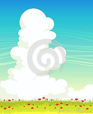 Clouds, grass, flowers and blue sky. Spring landscape. Vector Illustration