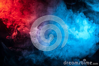 Clouds of isolated colored smoke: blue, red, orange, pink; scrolling on a black background Stock Photo