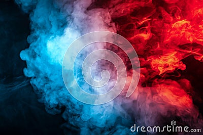 Clouds of isolated colored smoke: blue, red, orange, pink; scrolling on a black background in the dark Stock Photo