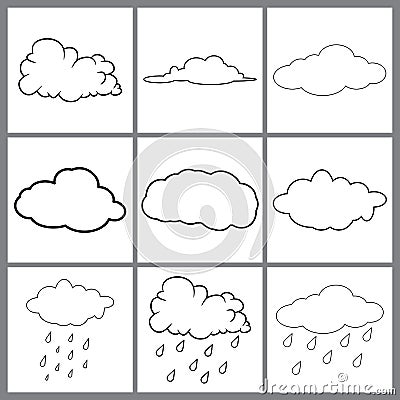 Clouds line art set. Cloud icon, cloud shape. Set of different clouds. Collection of outline cloud Vector design isolated on white Vector Illustration