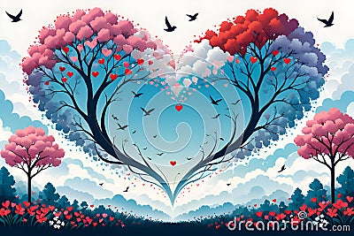 Clouds with multiple heart-shaped, floral trees and cloudy environment, birds flying, love athmosphere, background Stock Photo