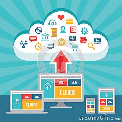 Clouds Network and Responsive Adaptive Web Design with Vector Icons Vector Illustration