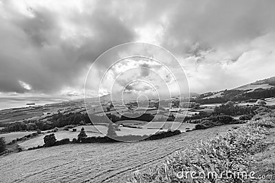 Clouds and Pastures in Black and White Stock Photo