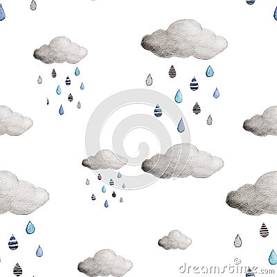 Clouds and rain drops seamless pattern. Stock Photo