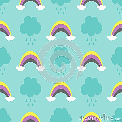 Clouds with raindrops and rainbows. Cute seamless pattern for children. Vector Illustration