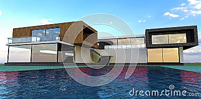 Clouds are reflected in the windows of an advanced house. The wind creates small waves in the pool. 3d render. Stock Photo