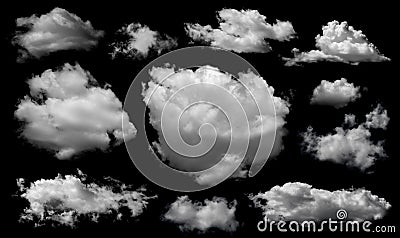 Clouds set isolated on black background. White cloudiness, mist or smog background Stock Photo