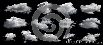 Clouds set isolated on black background. White cloudiness, mist or smog background. Design elements on the topic of the weather. Stock Photo