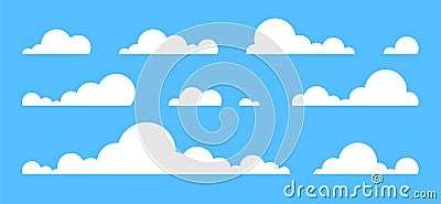 Clouds set isolated on a blue background. Simple cute cartoon design. Icon or logo collection. Realistic elements. Flat style Vector Illustration