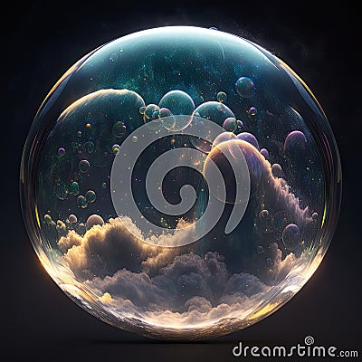 Clouds in the sky inside a bubble. Soap glass orb with worlds inside. Abstract smoke. Stock Photo