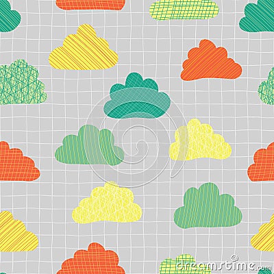 Clouds in the sky seamless vector pattern background. Teal, green, orange, and yellow cute doodle clouds on a gray texture grid. Vector Illustration