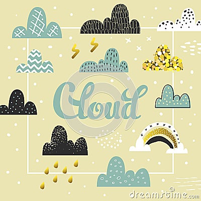 Clouds and Sky Spring Design. Summer Childish Background with Rainbow for Cover, Decoration, Prints Vector Illustration