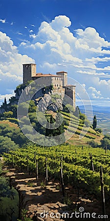 Captivating Castle And Vineyard Painting Inspired By Dalhart Windberg Stock Photo