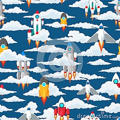 Clouds and space ships seamless pattern Vector Illustration