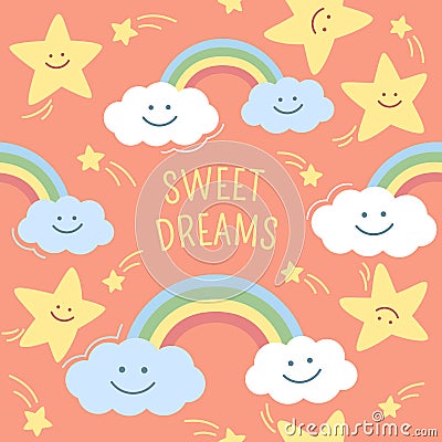 Clouds, stars and rainbow on pink background with comets and sweet dreams. Stock Photo