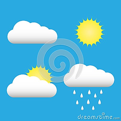 Clouds and sun icons set. Cloud, sun, cloud rain symbols on blue sky Vector. Collection of Cloud, rain, sun logo template. For Stock Photo