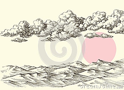 Clouds and sun over desert sand dunes Vector Illustration