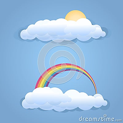 Clouds with sun and rainbow symbol Vector Illustration