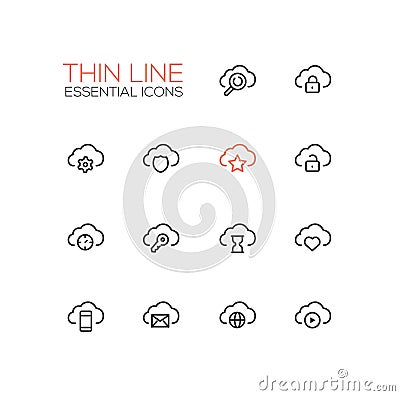 Clouds with Symbols - modern vector single thin line icons set Vector Illustration