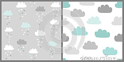 Clouds vector pattern set in scandinavian style. Cute seamless background for Valentines day with clouds and heart rain Vector Illustration