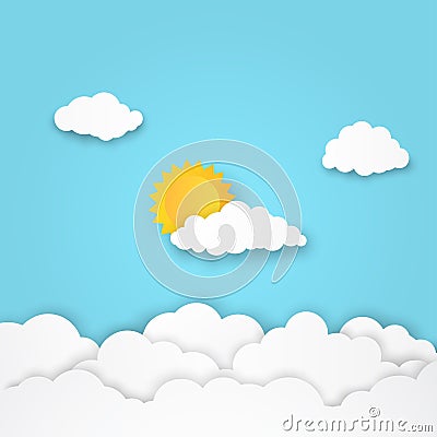 Cloudscape, clouds and sun with blue sky background, paper art style Vector Illustration